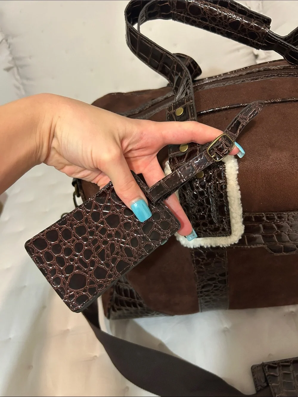 Bath & Body Works Brown Suede Duffel Bag with Croc Trim and White Fur — OS